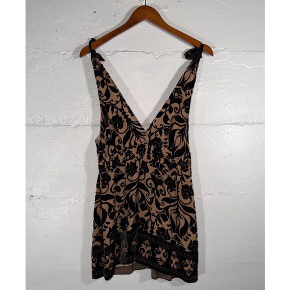 Hale Bob Burnout Velvet Boho Top Tie Shoulder Black Tan Floral Elastic Waist M - Picture 8 of 11